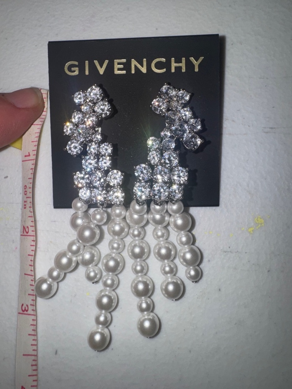 Givenchy Crystal Cluster Drop Earrings with White Pearl Tassels